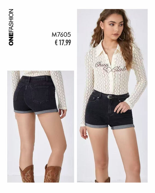 SHORTS JEANS NERI A VITA ALTA